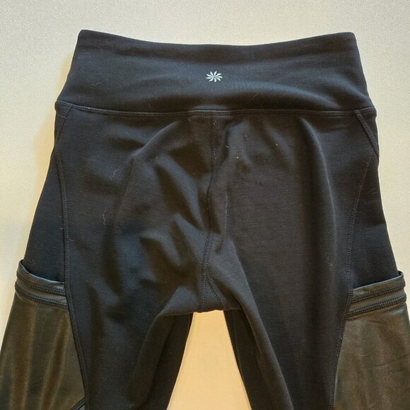 Athleta Leggings Faux‎ Leather Pockets Black Small Logo Style 74305 Yoga Biker - Picture 9 of 10